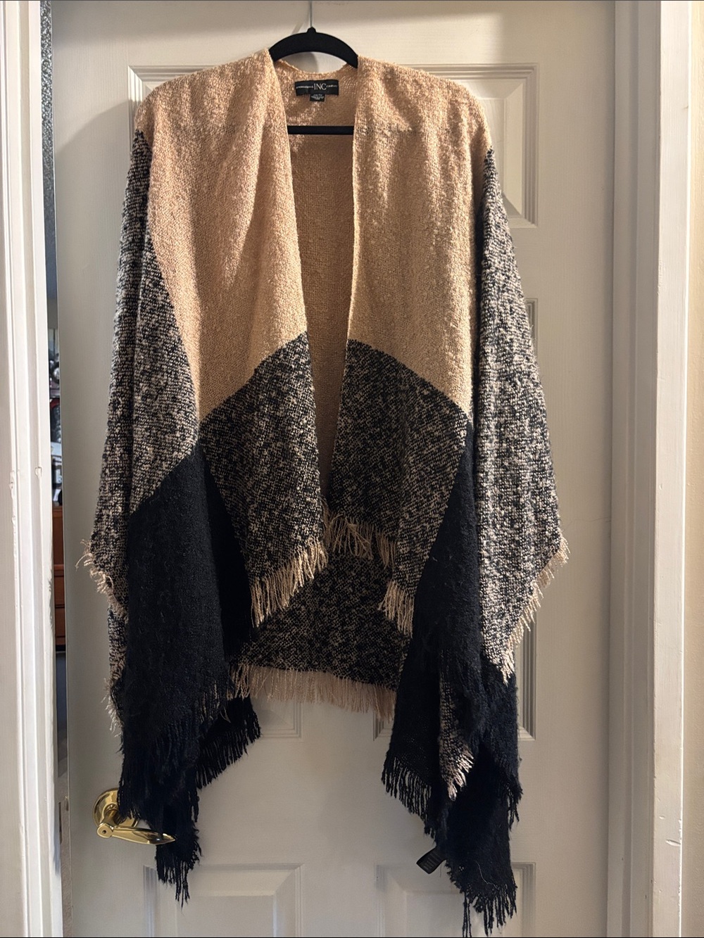INC International Concepts Colorblock Fringe Poncho - Black, Tan, Cream